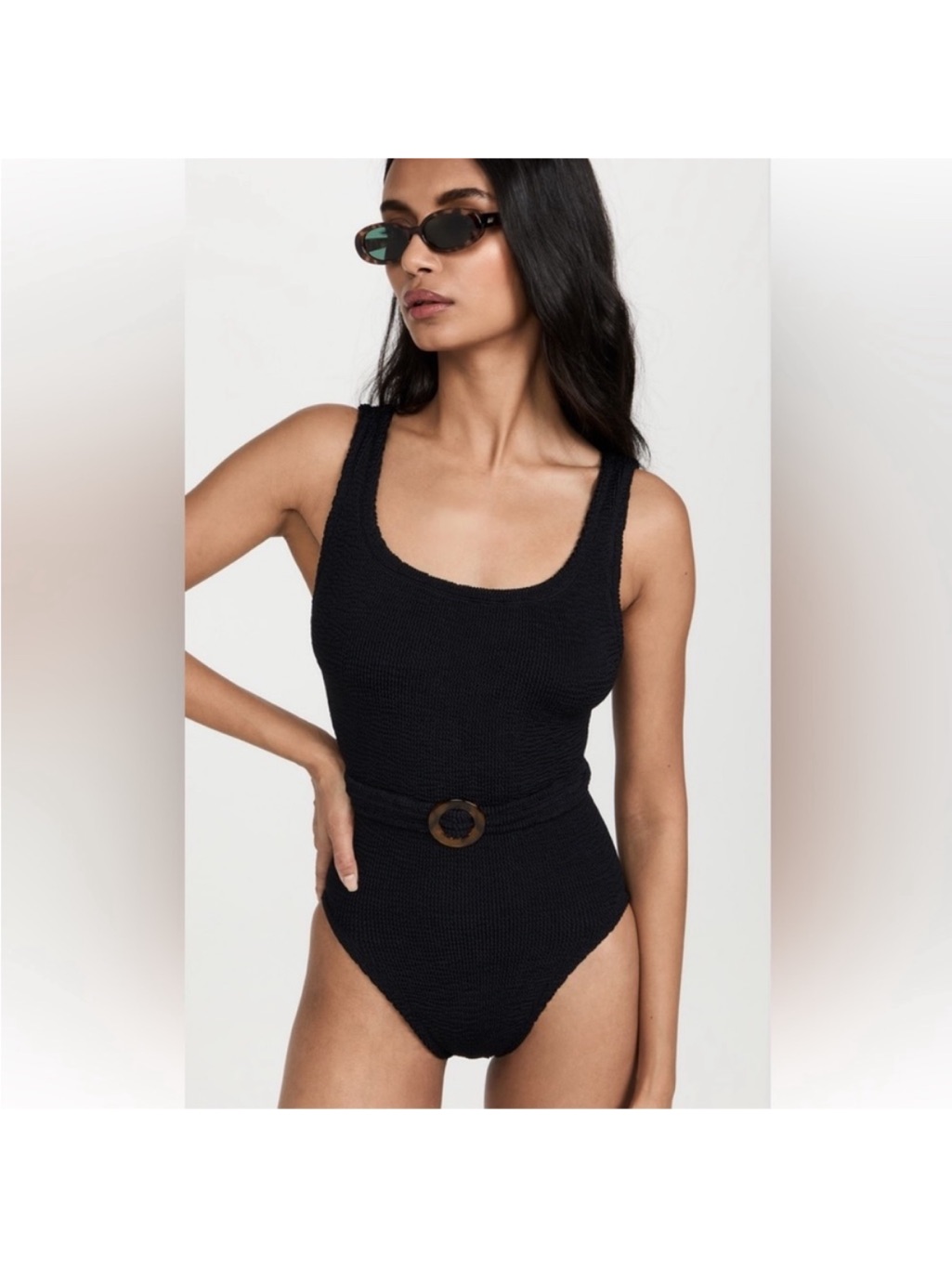 Hunza G Solitaire Black Swimsuit Monokini One Size Belted Crinkle Stretchy Os